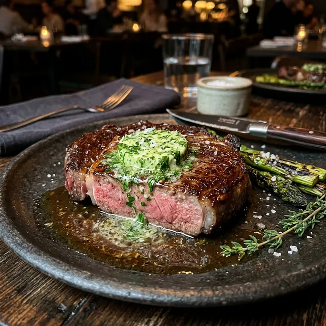 High-protein beef steak with herb butter