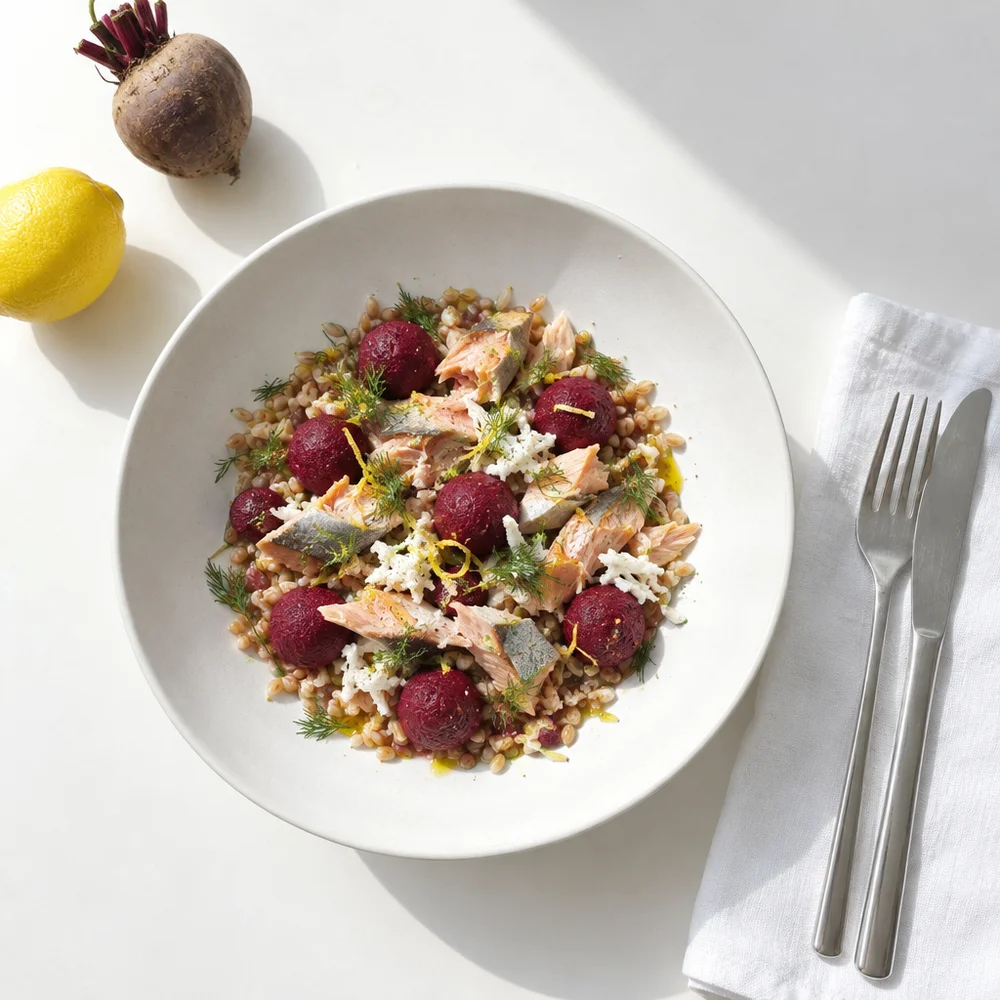 High-protein beetroot and spelt bowl with smoked trout and horseradish
