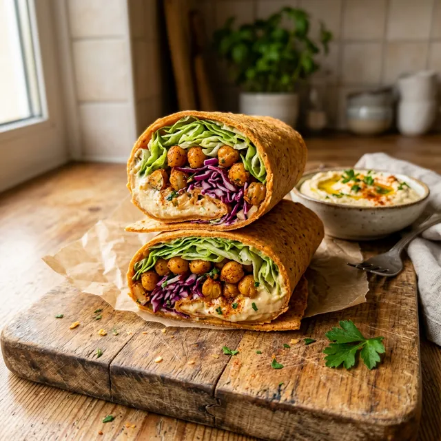 High-protein red lentil wraps with hummus
