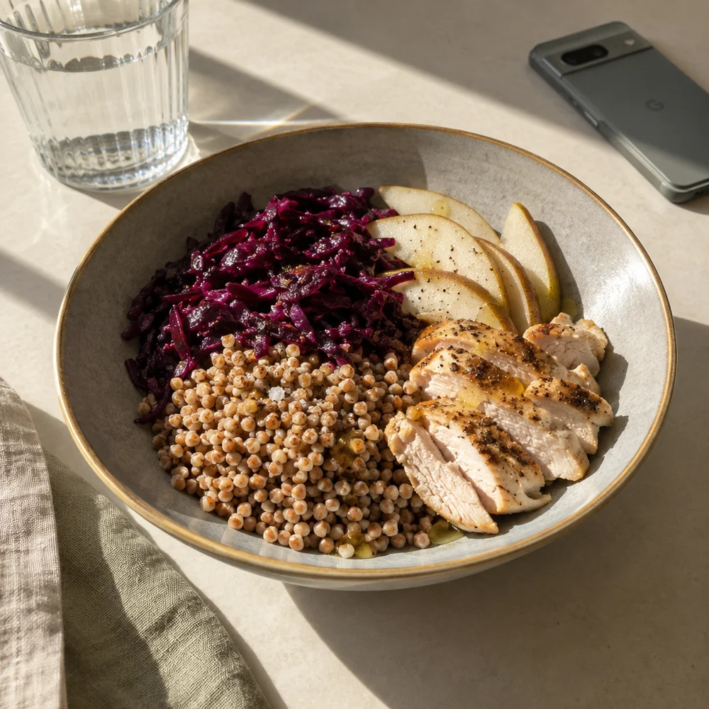 High-protein red cabbage bowl with turkey, buckwheat and pear