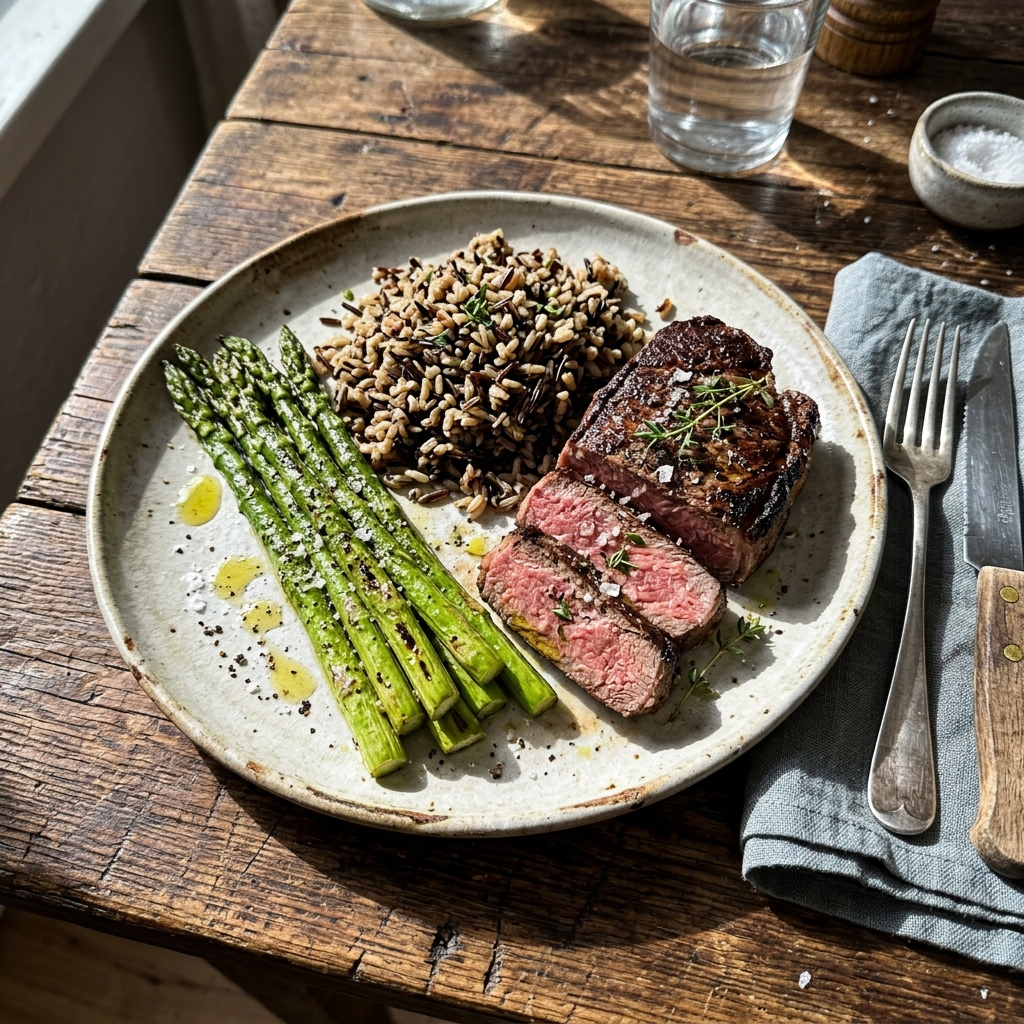 High-protein sirloin steak with asparagus and wild rice
