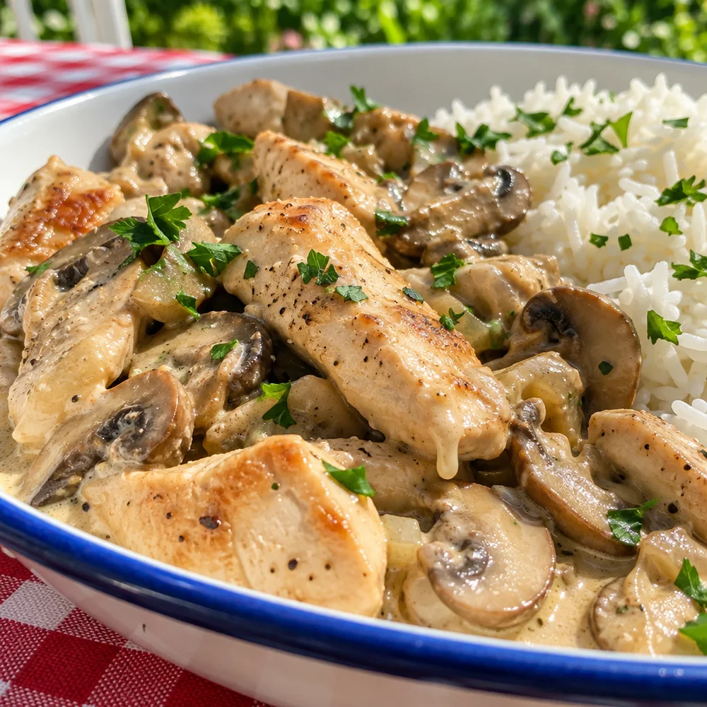 High-protein creamy chicken strips with mushrooms and rice