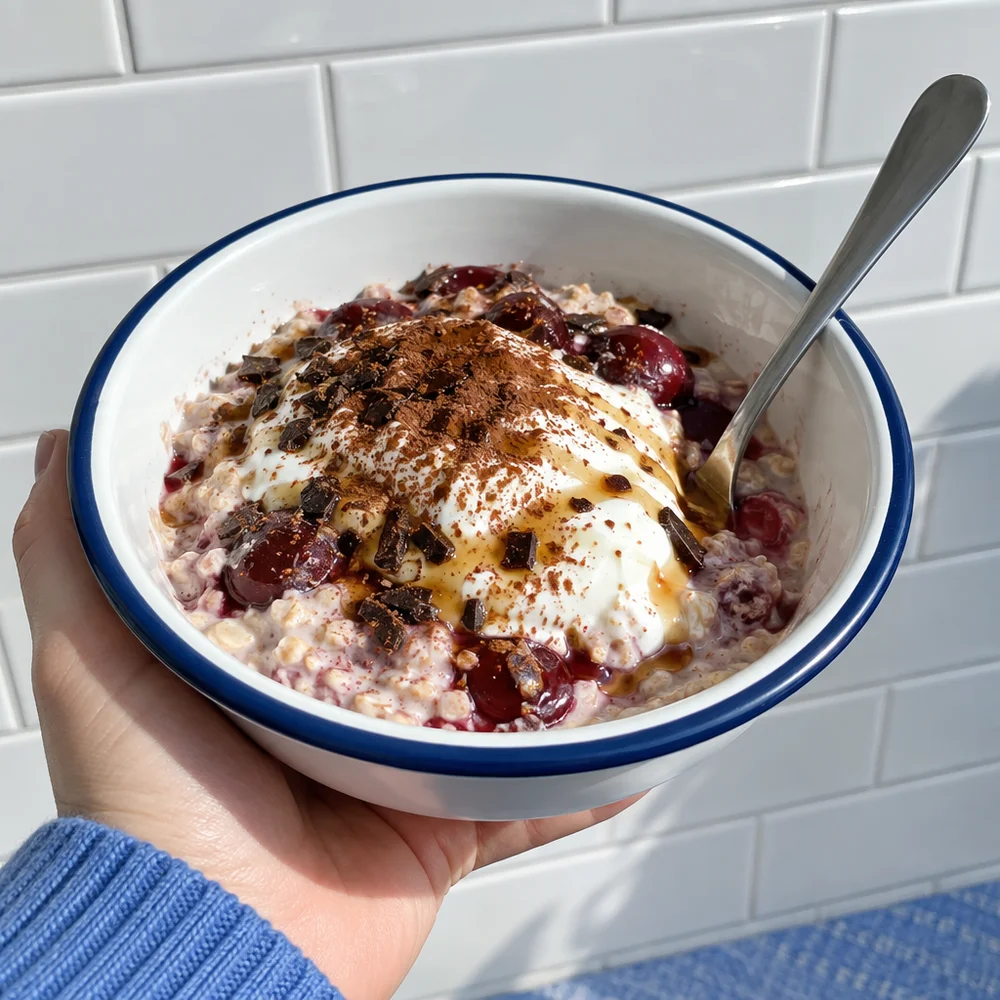 High-protein Black Forest overnight oats with cherries and skyr
