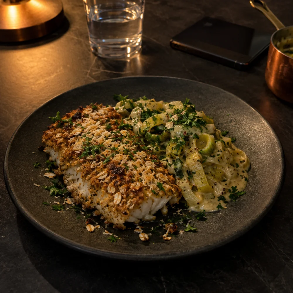 High-protein air fryer coley with an oat crust and mustard leeks