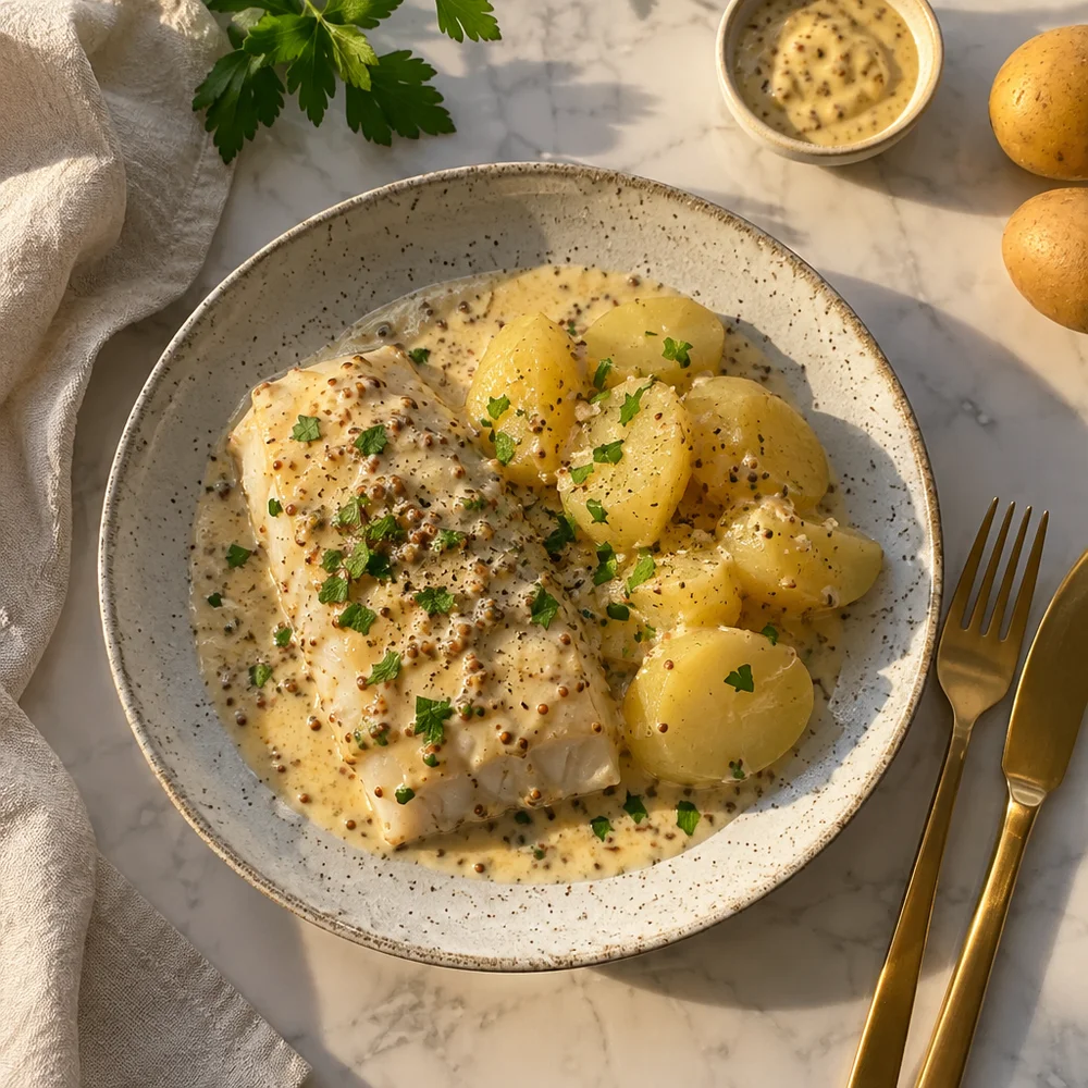 High-protein coley in mustard sauce with boiled potatoes