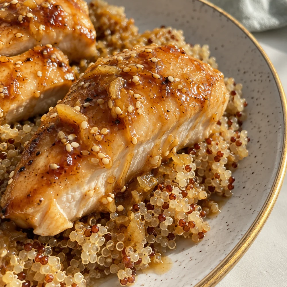 High-protein sesame and ginger chicken with quinoa