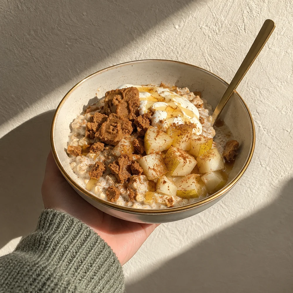 High-protein speculoos overnight oats with skyr and pear