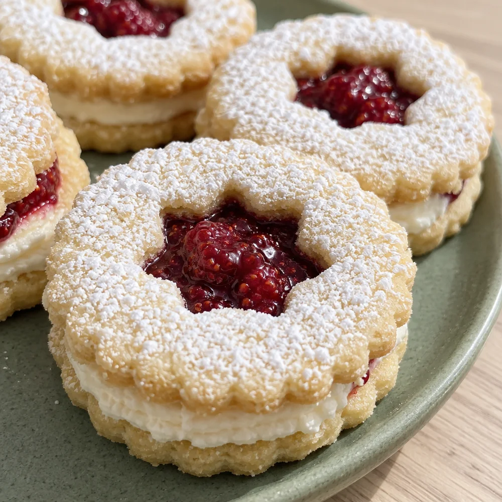 High-protein Spitzbuben (jam sandwich cookies) with quark and raspberry