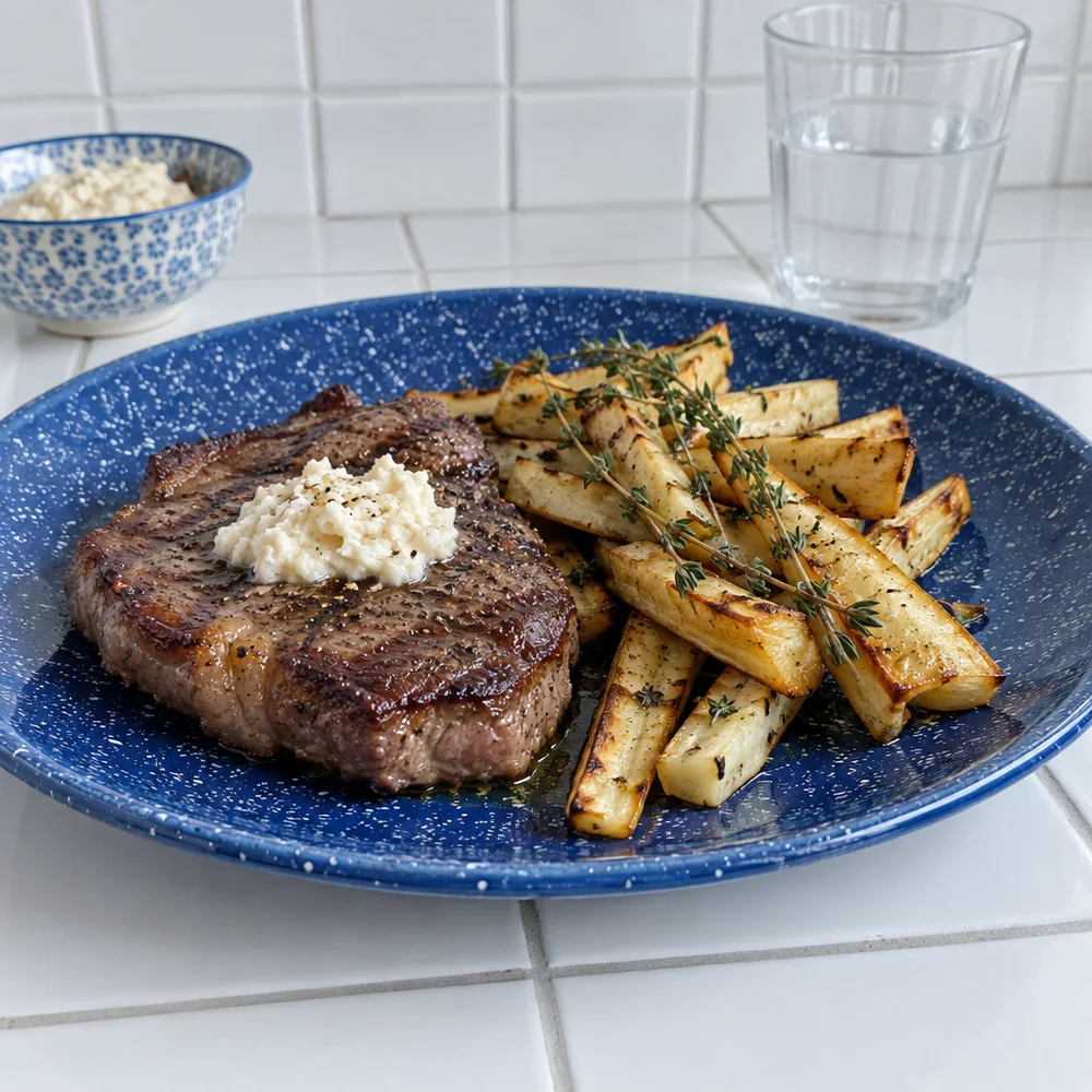 High-protein air fryer steak with parsnips and horseradish