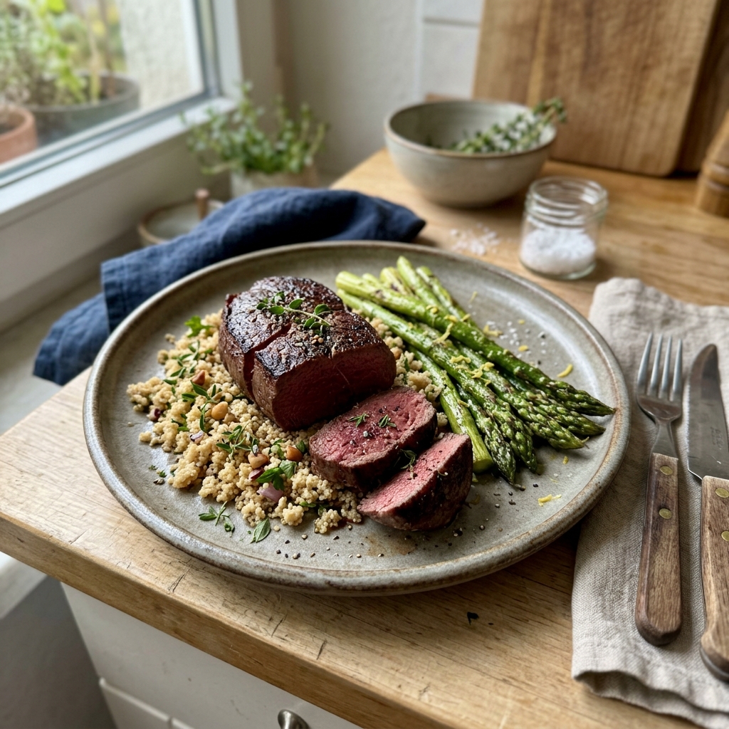 High-protein ostrich steak with asparagus and amaranth