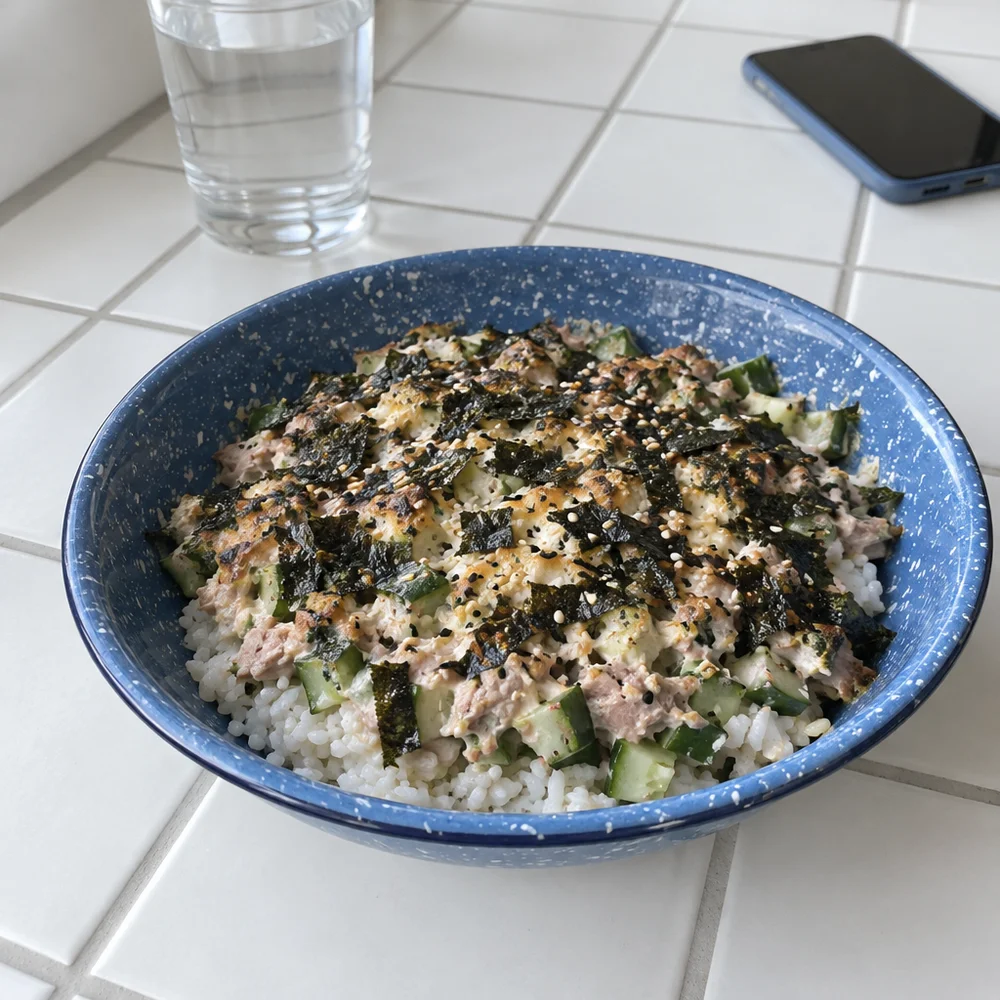 High-protein sushi bake with tuna, cucumber and nori