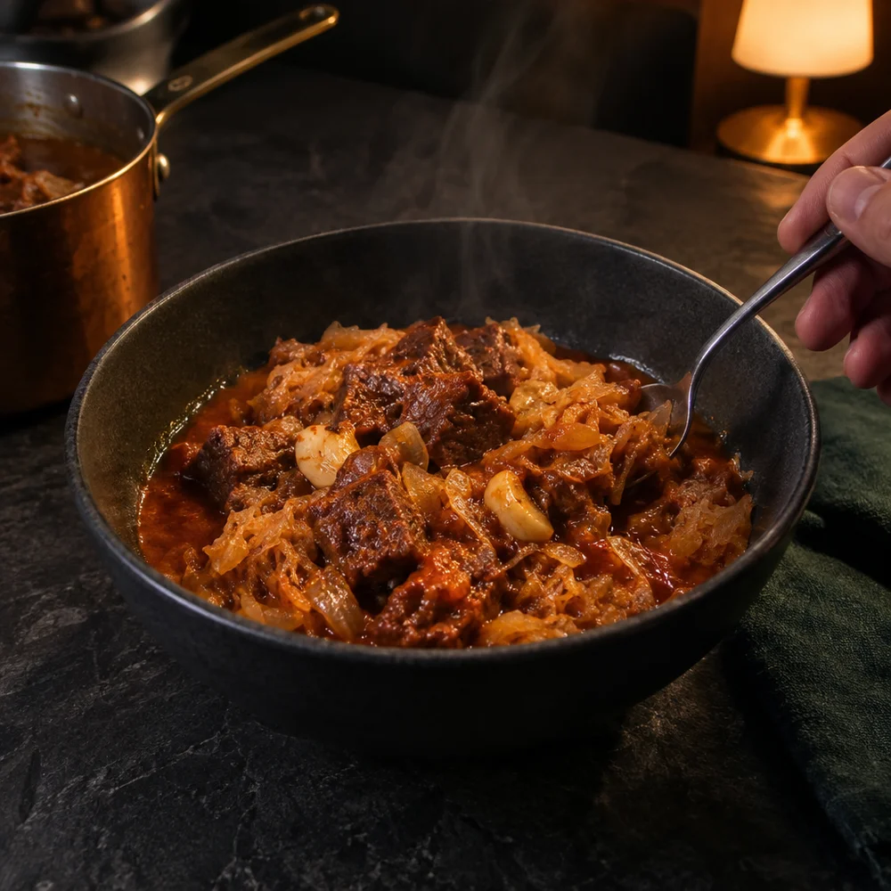 High-protein Szegedin goulash with beef and sauerkraut
