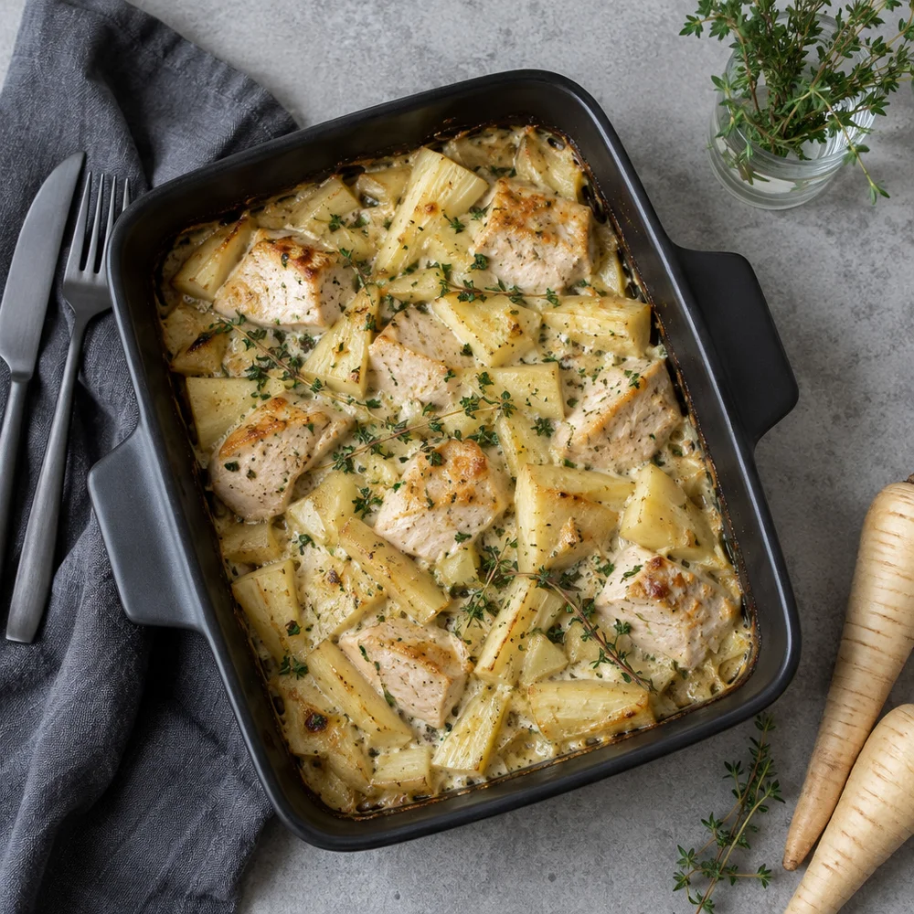 High-protein turkey and parsnip bake