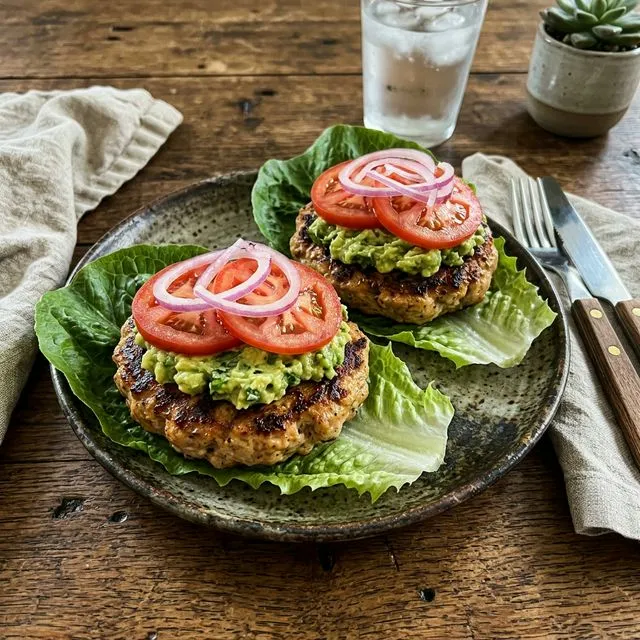High-protein turkey burger with avocado cream