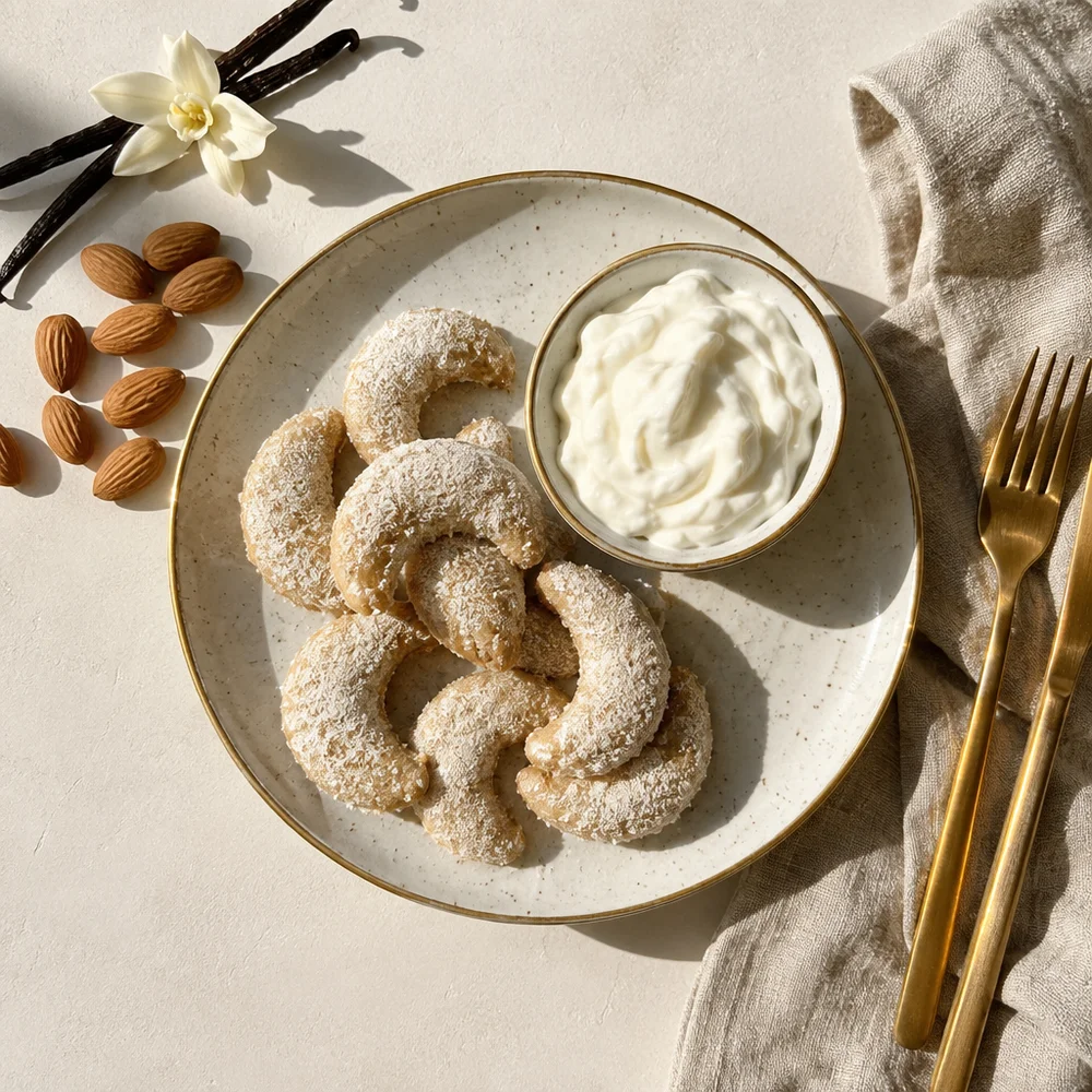 High-protein Vanillekipferl (vanilla crescent cookies) with quark and almond flour