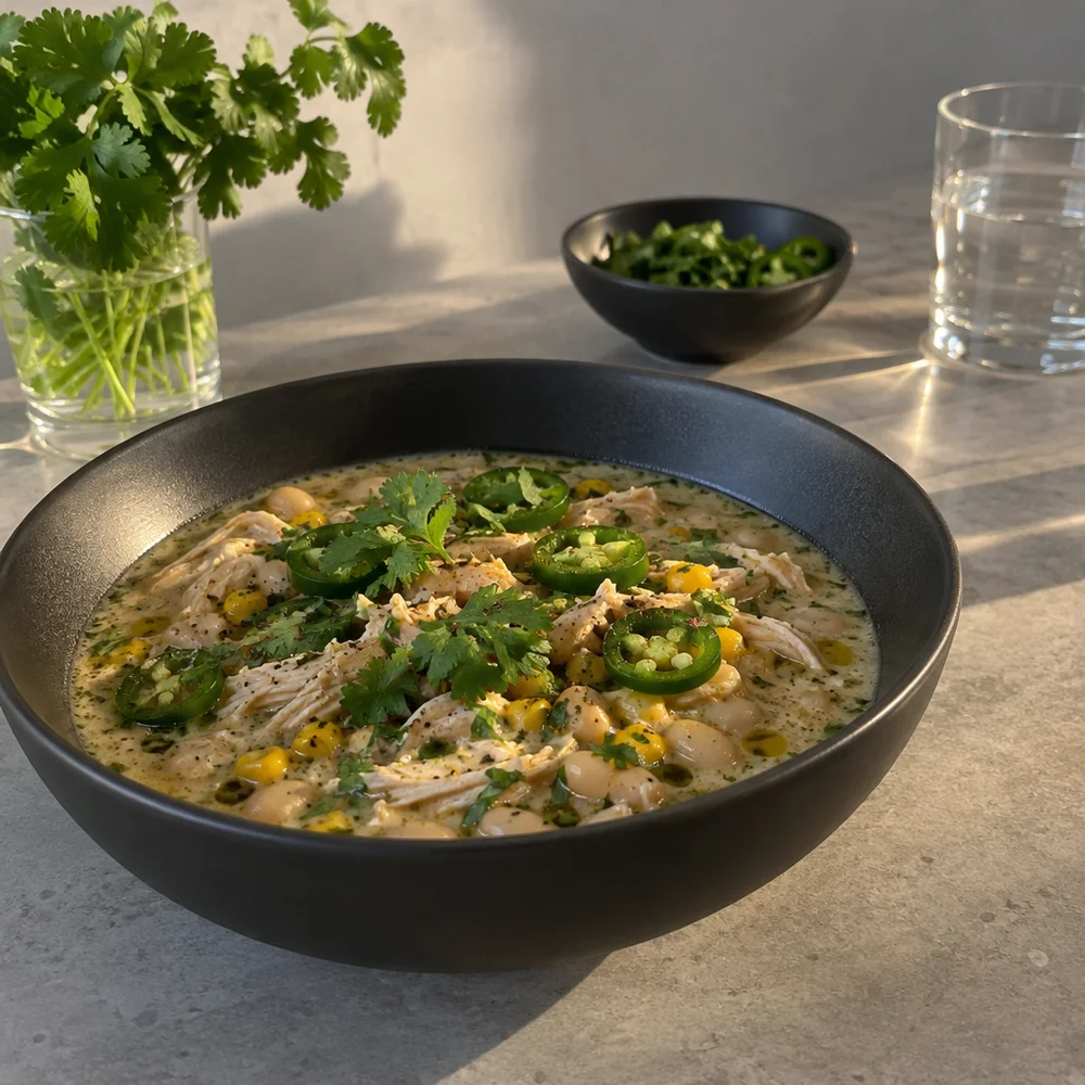 High-protein white chicken chilli with cannellini beans and sweetcorn