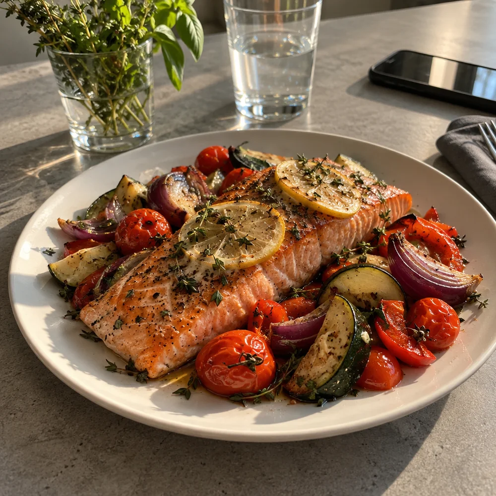 High-protein tray-baked wild salmon with roasted vegetables