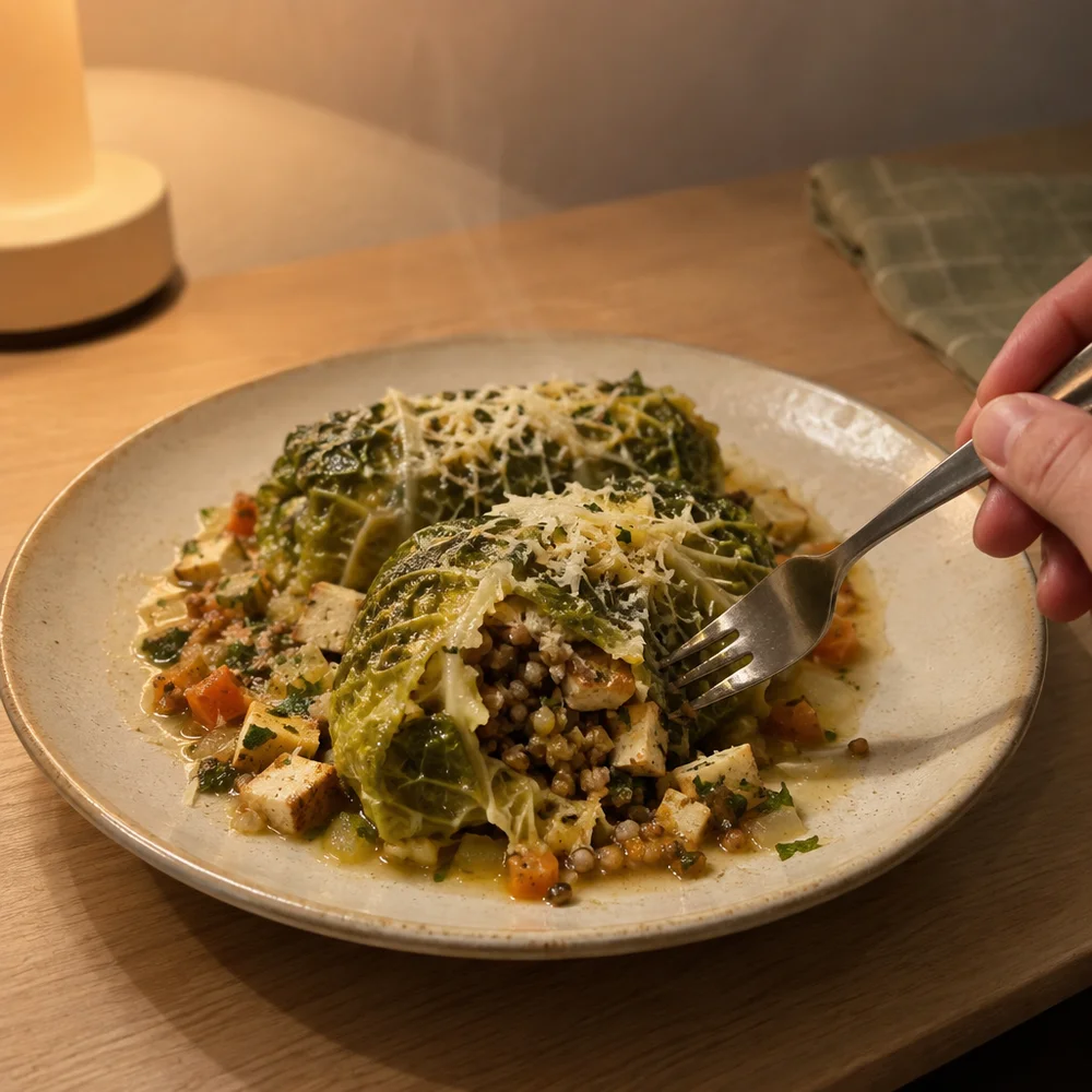 High-protein savoy cabbage rolls with green spelt, smoked tofu and Alpine cheese