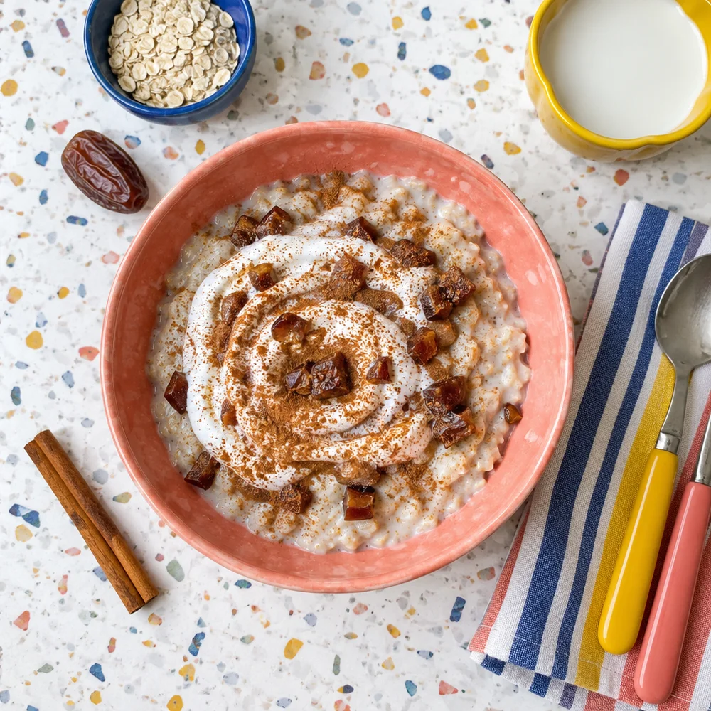 High-protein cinnamon roll porridge with skyr frosting