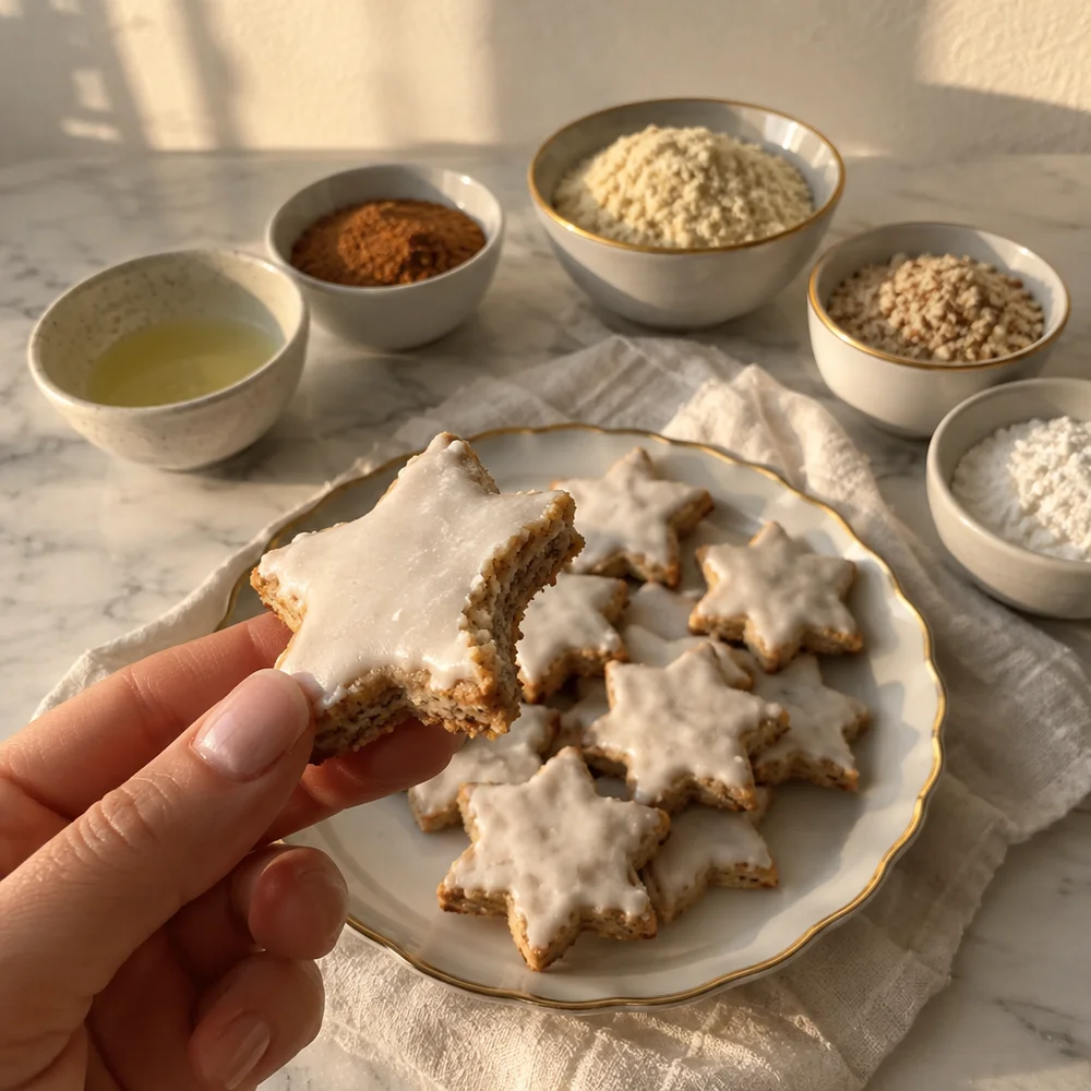 High-protein Zimtsterne (cinnamon stars) with almond flour and meringue glaze