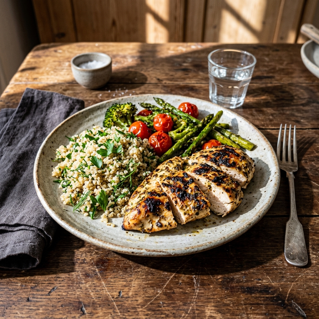 High-protein lemon and herb chicken with quinoa and veg