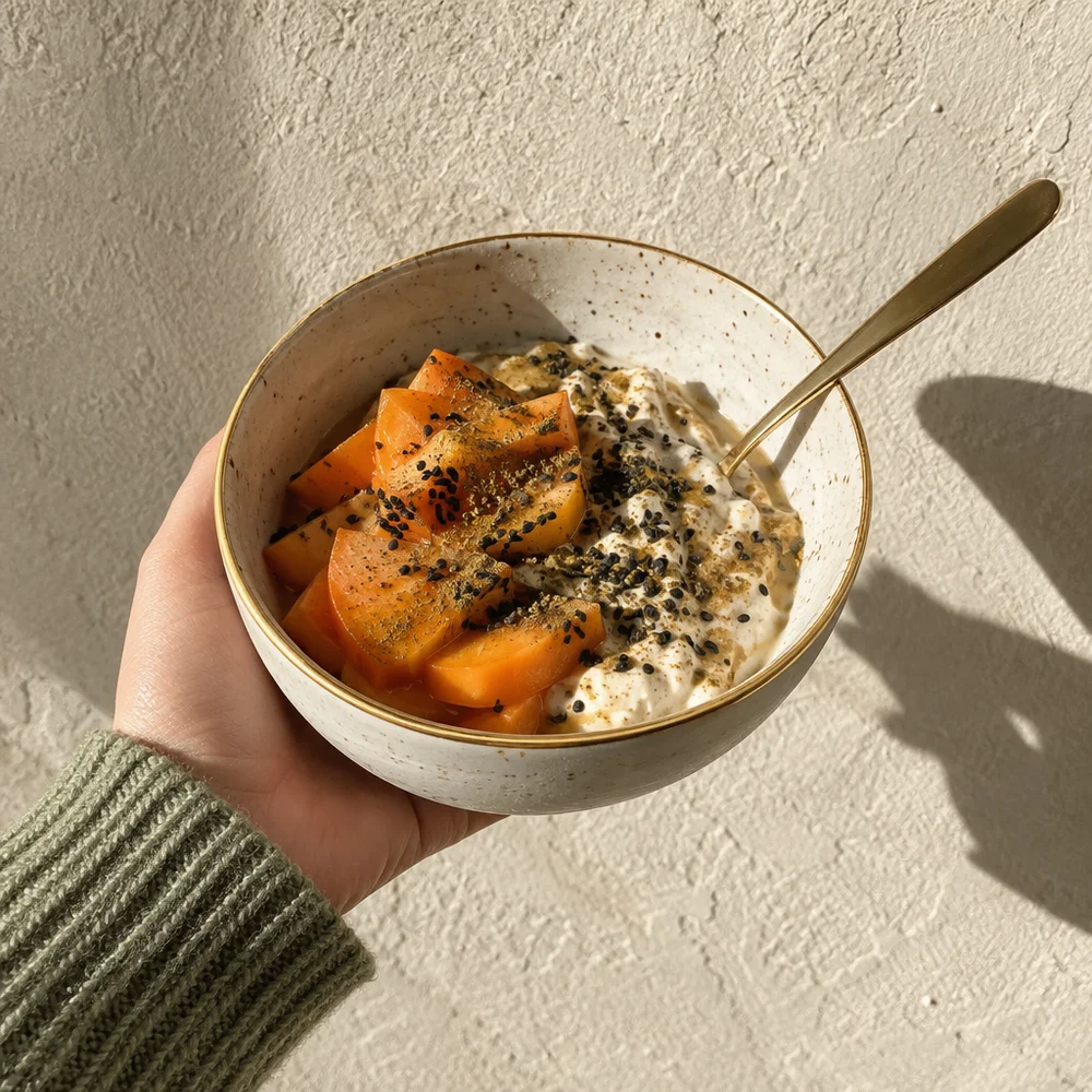 Hojicha skyr cream with persimmon and black sesame
