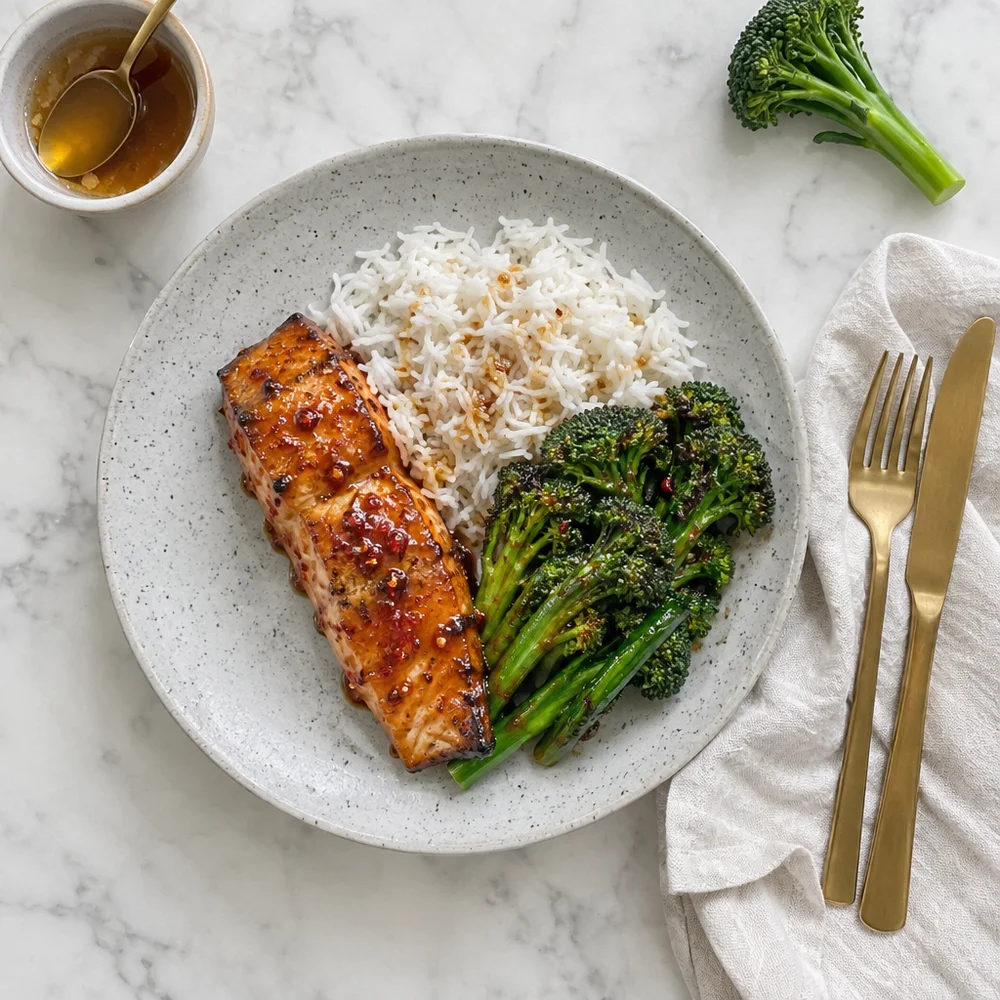 Air fryer hot honey salmon with long-stem broccoli and rice