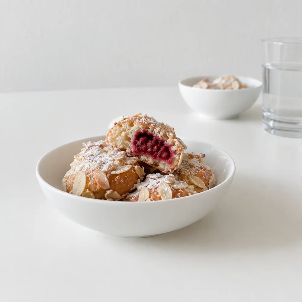 Husarenkrapfen (hussar's thumbprint cookies) with raspberry filling and almonds