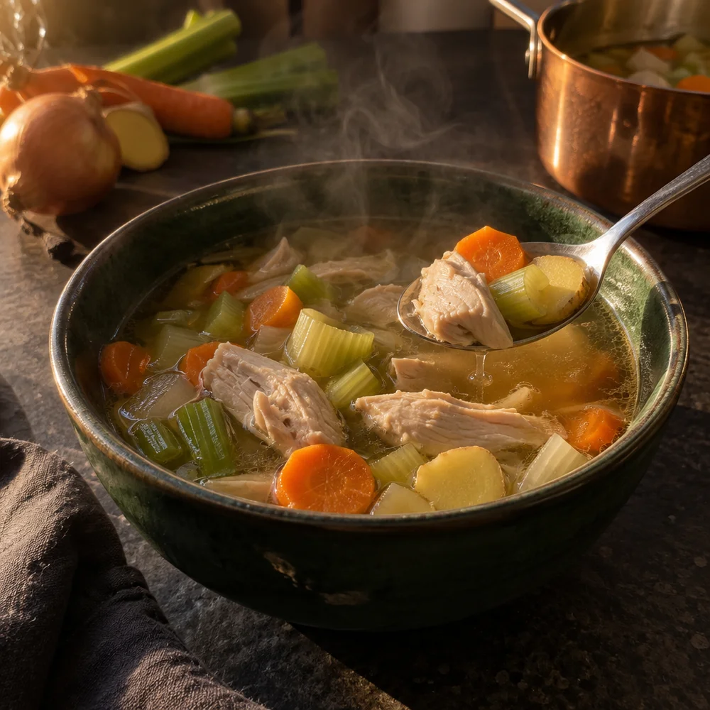 Chicken soup with ginger and soup vegetables