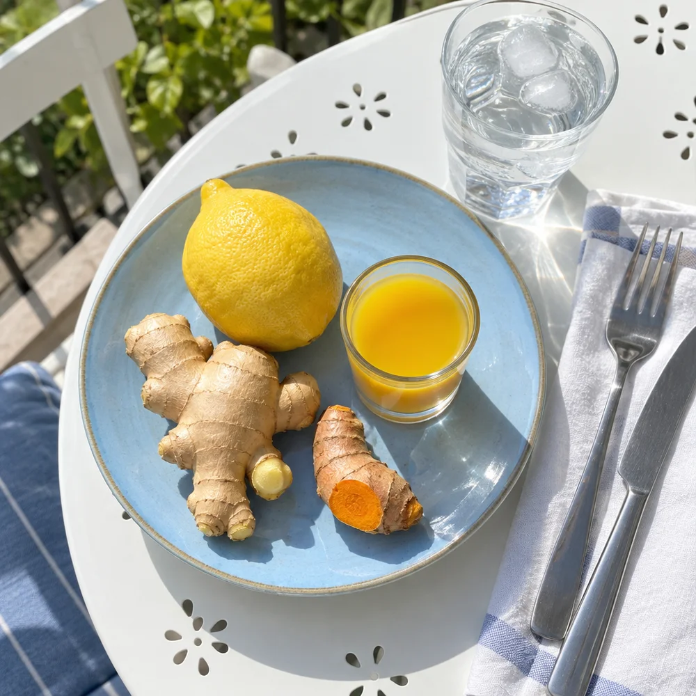 Vegan ginger and turmeric shot with lemon