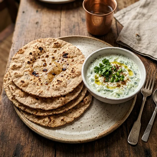 Indian wholemeal spelt chapati with raita