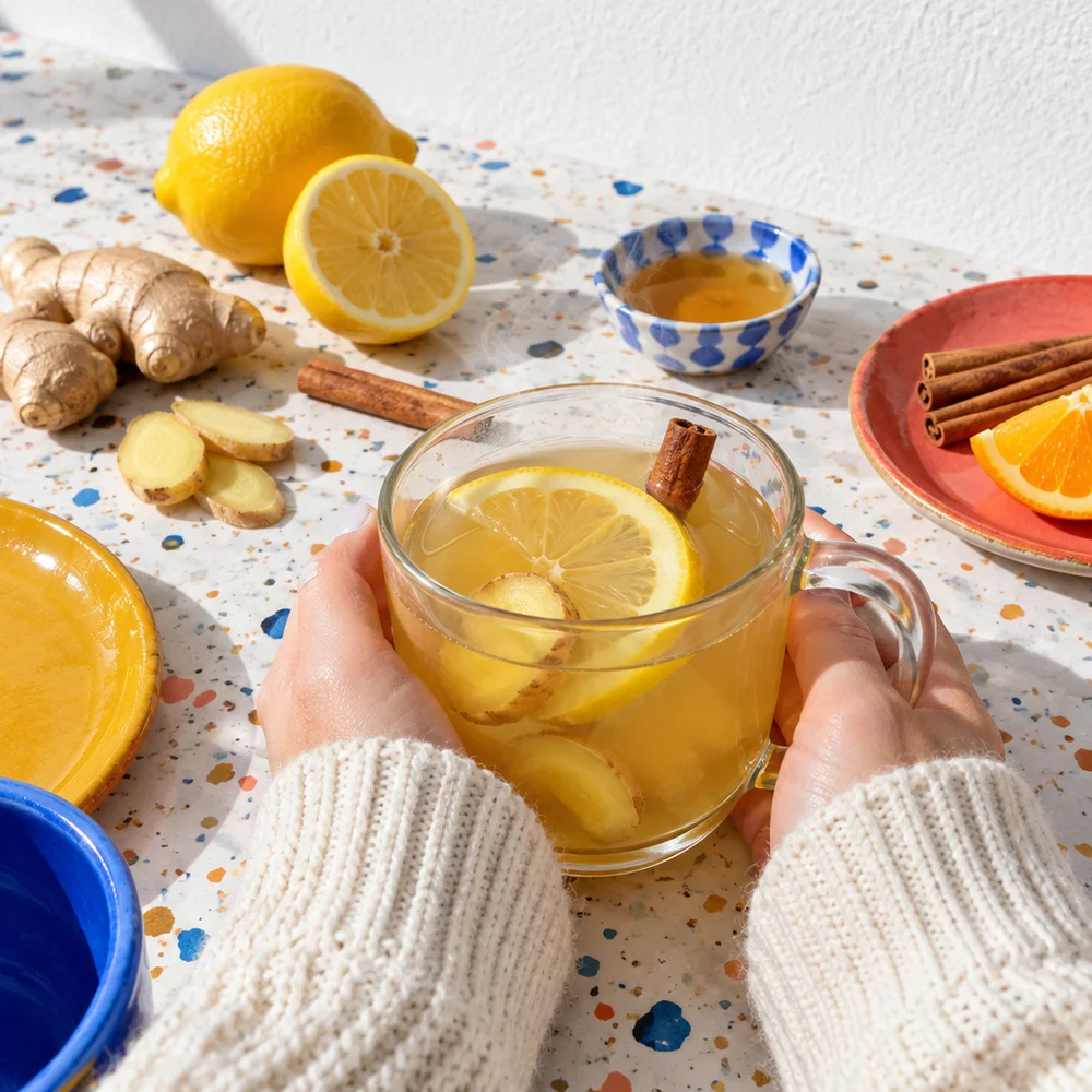 Ginger and lemon tea with honey and cinnamon