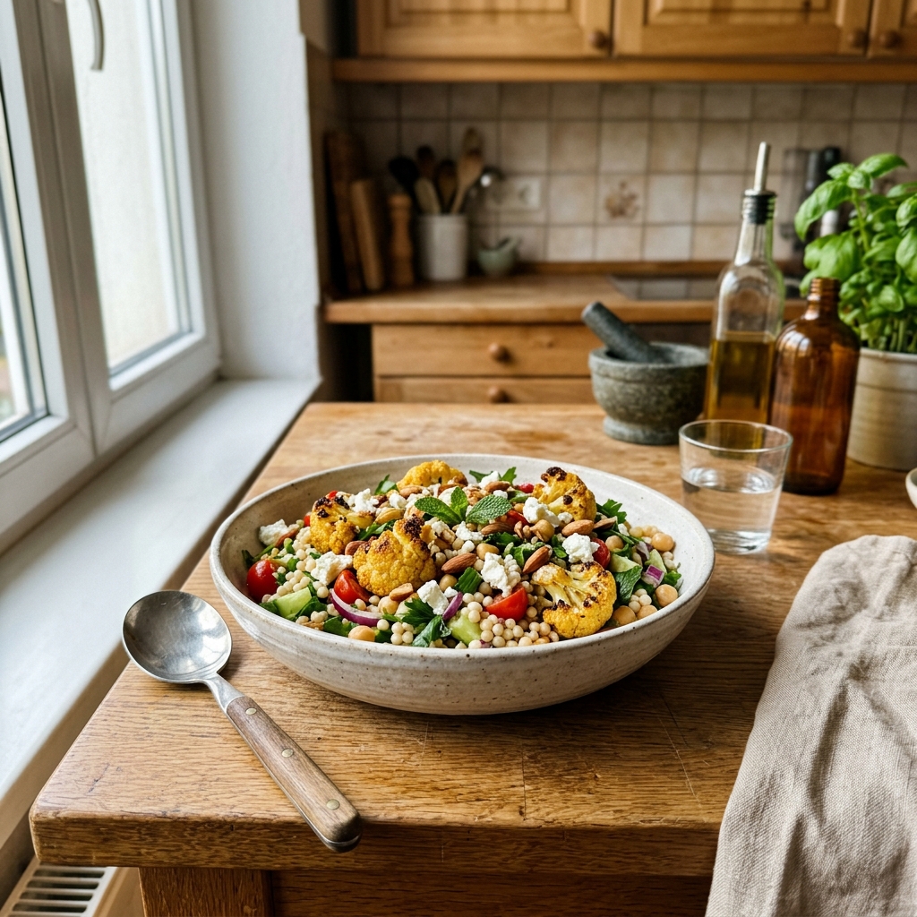 Israelischer Couscous-Salat mit geröstetem Blumenkohl