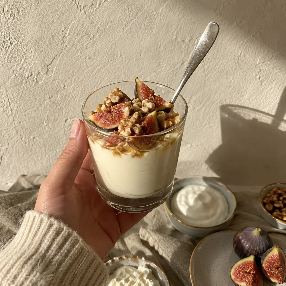 Yoghurt panna cotta with honey figs and walnuts