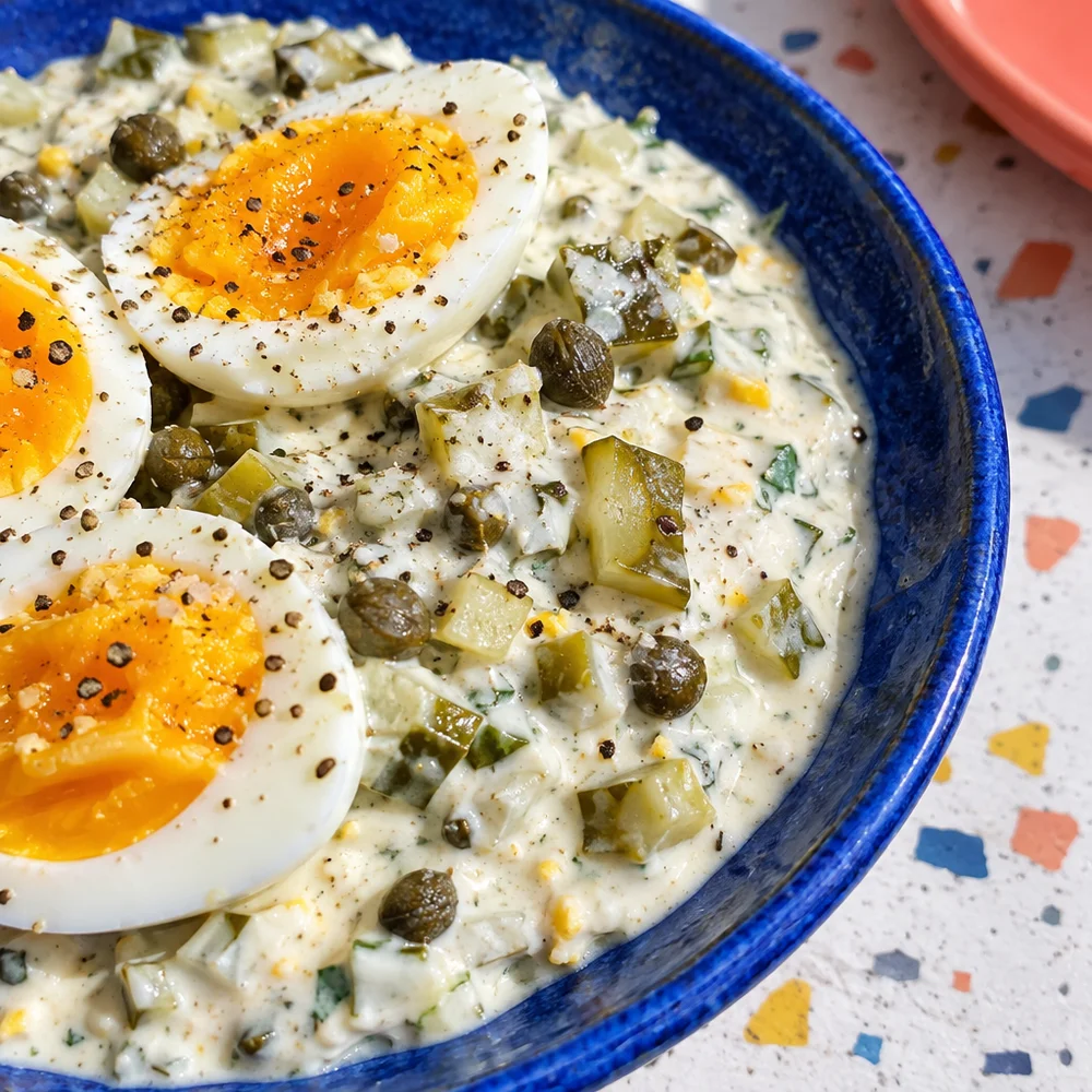 Yoghurt remoulade with brined gherkins and capers for fondue