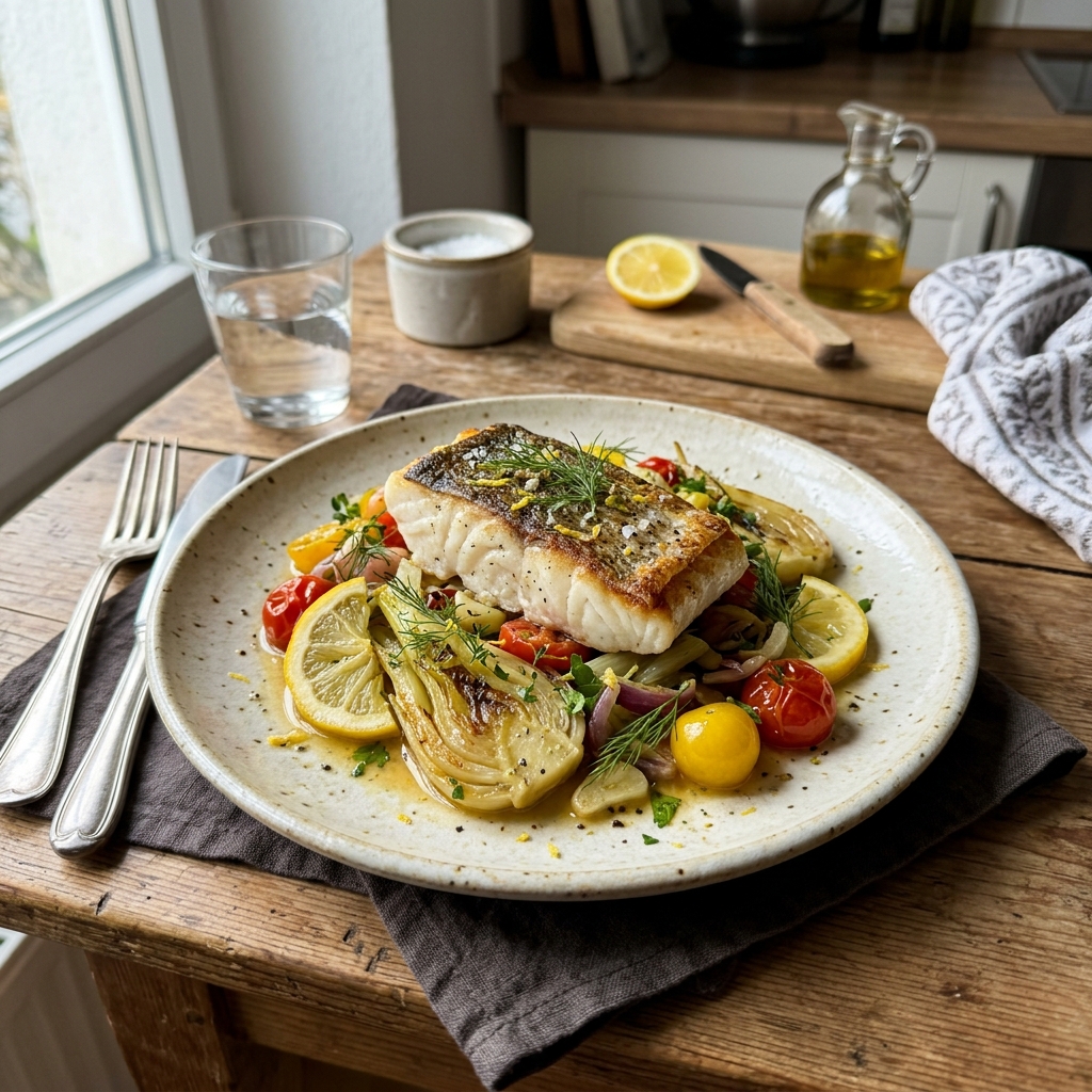 Cod loin on fennel and lemon vegetables