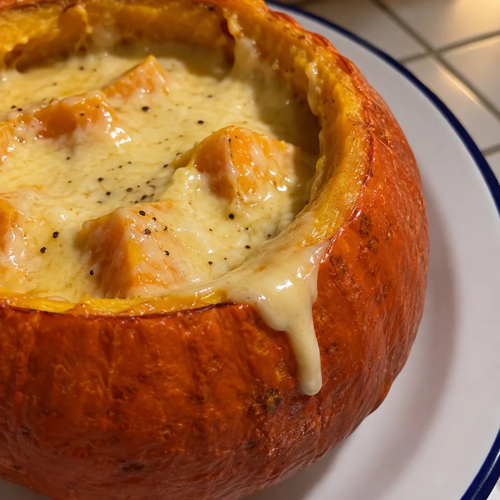 Alcohol-free cheese fondue in a Hokkaido squash