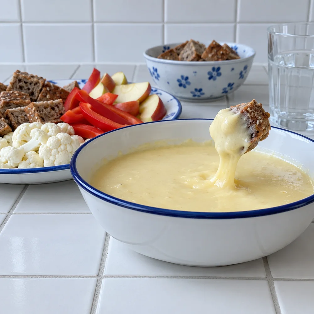 Alcohol-free cheese fondue with Alpine cheese and apple juice