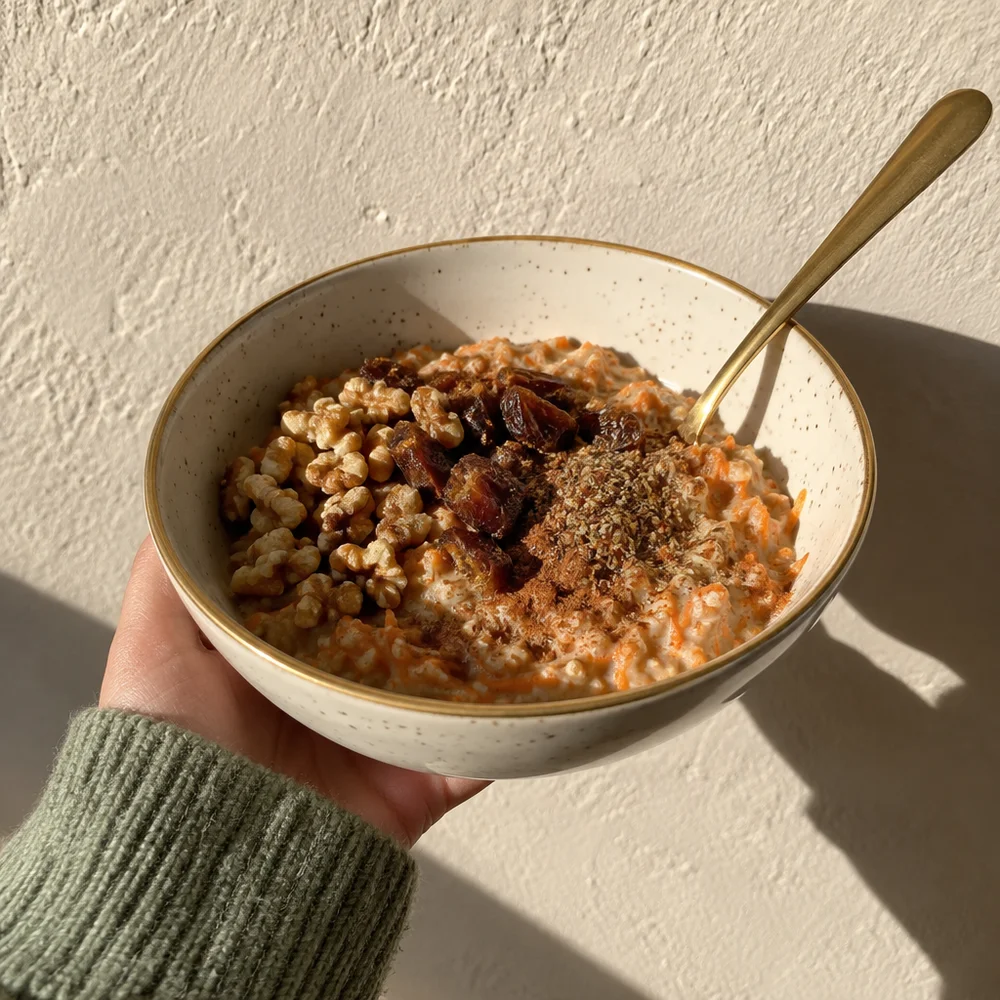 Carrot overnight oats with cinnamon, walnuts and dates
