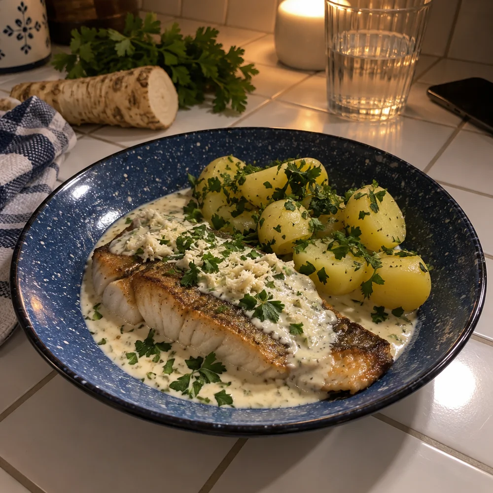 Carp fillet with horseradish sauce and parsley potatoes