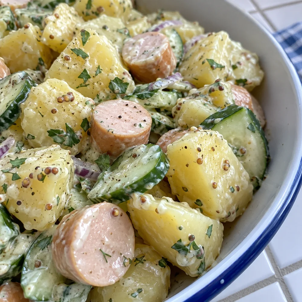 Potato salad with chicken sausages, cucumber and mustard yoghurt