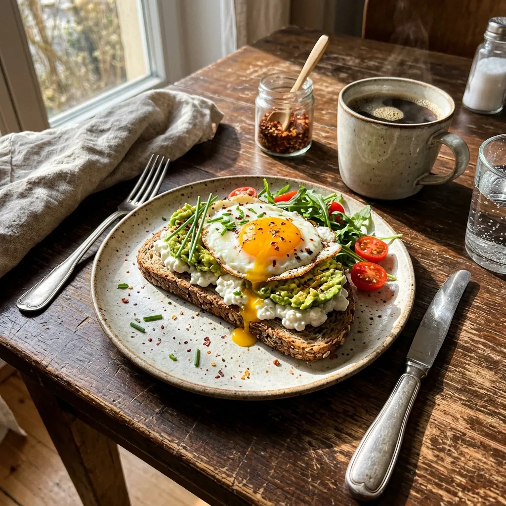 Seeded bread with avocado and cottage cheese