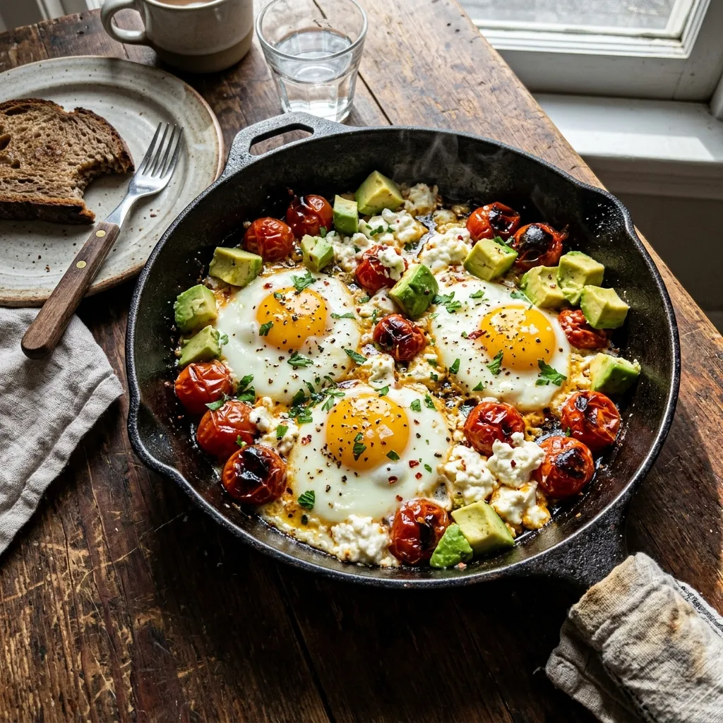 Keto avocado and egg pan with melted feta