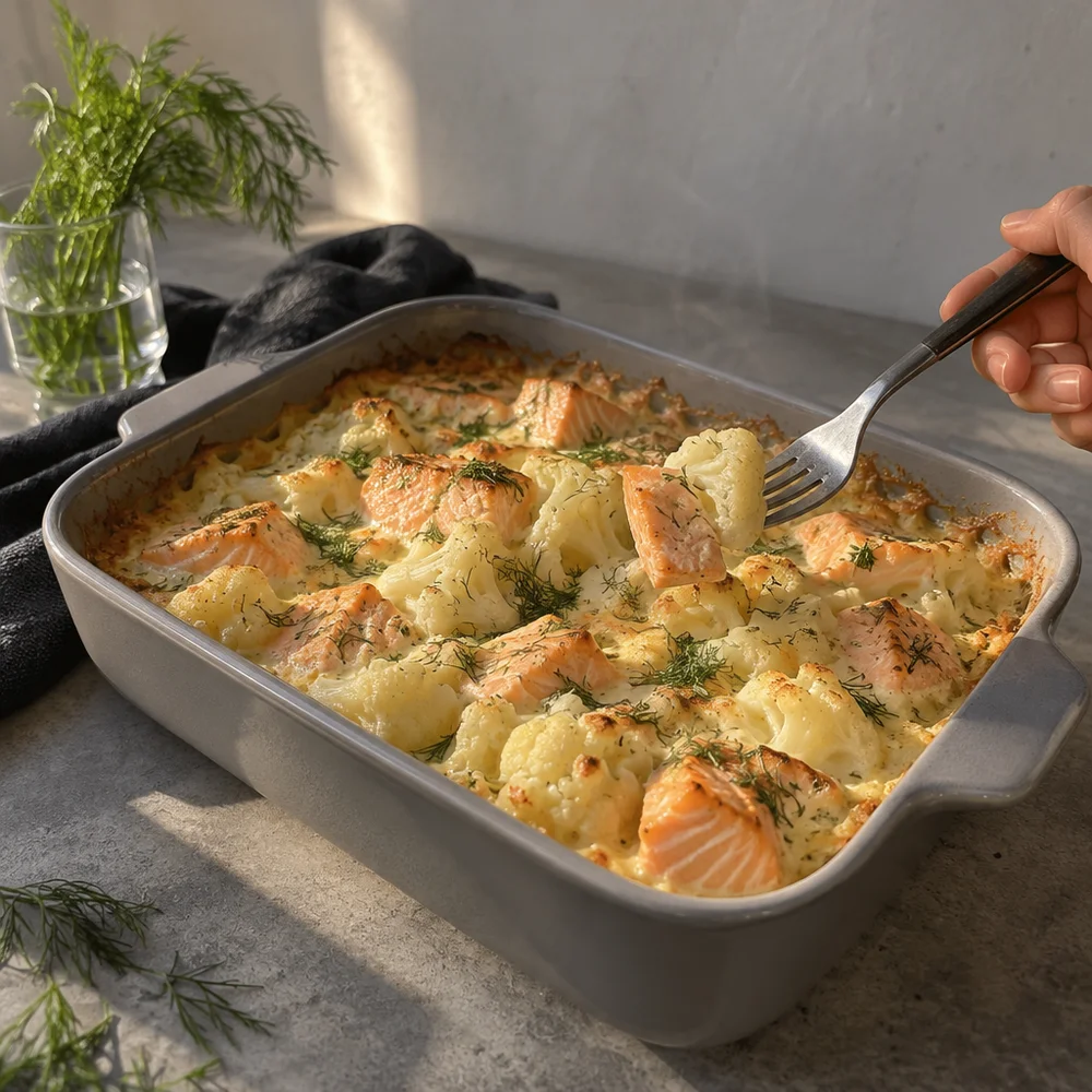 Keto cauliflower and salmon bake