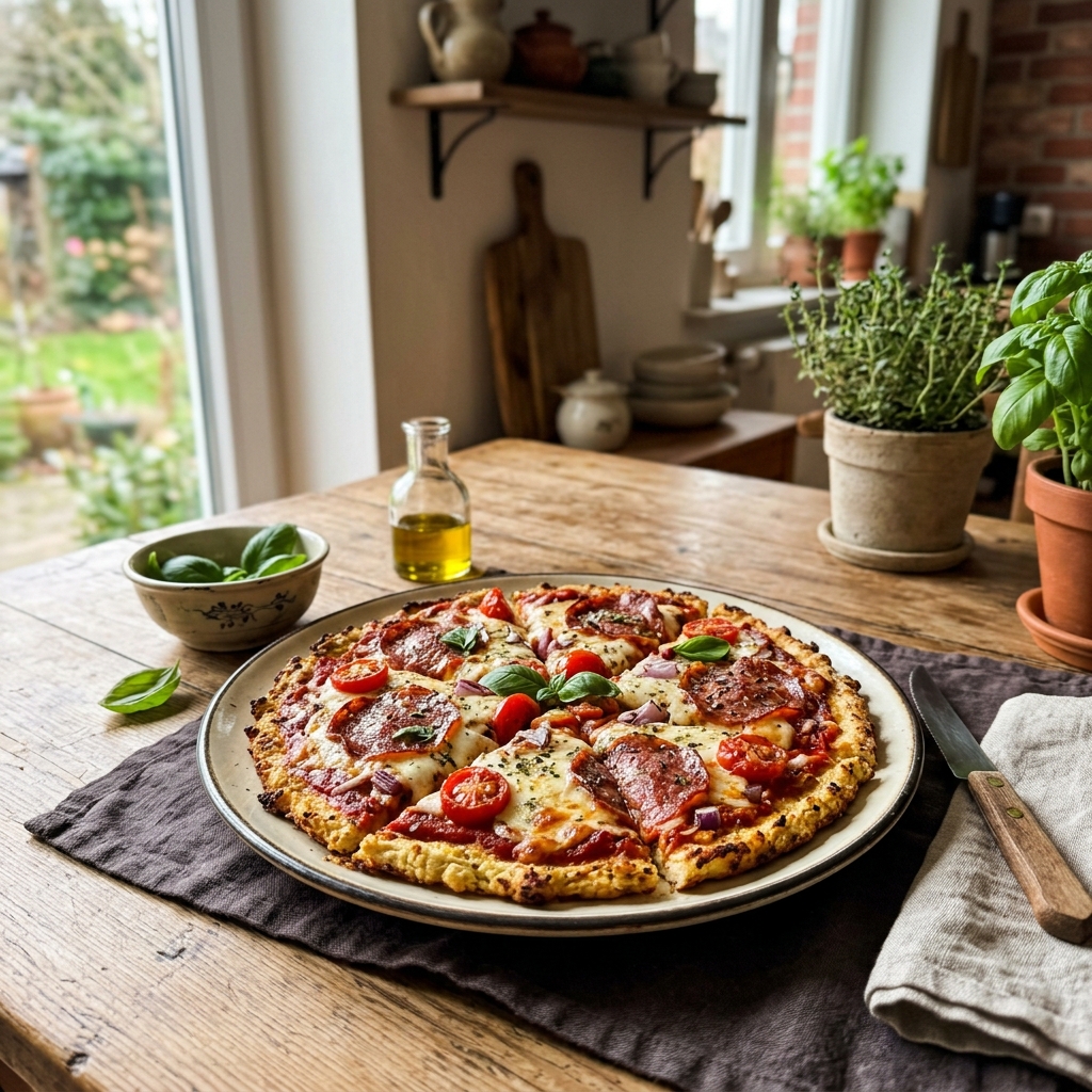 Keto cauliflower pizza with beef salami