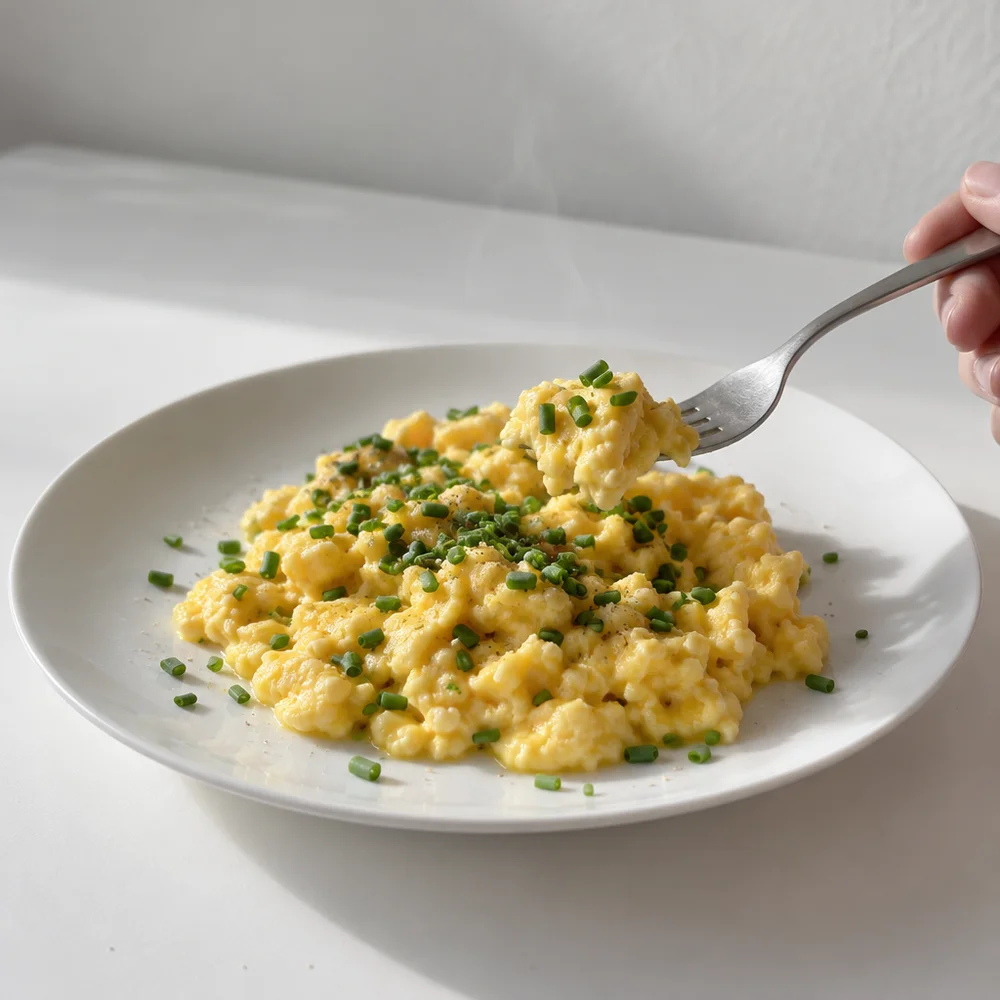 Keto creamy scrambled eggs with chives and grass-fed butter