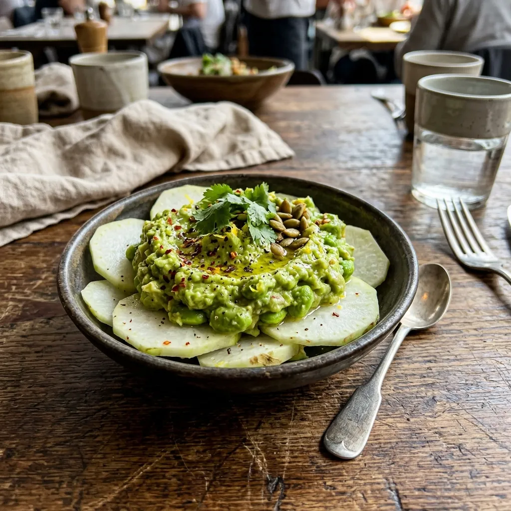 Keto edamame and avocado cream on kohlrabi