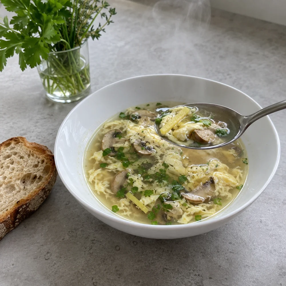 Keto egg drop soup with chicken bone broth and ginger