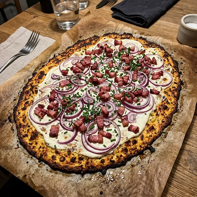 Keto Flammkuchen (tarte flambée) with a cauliflower base