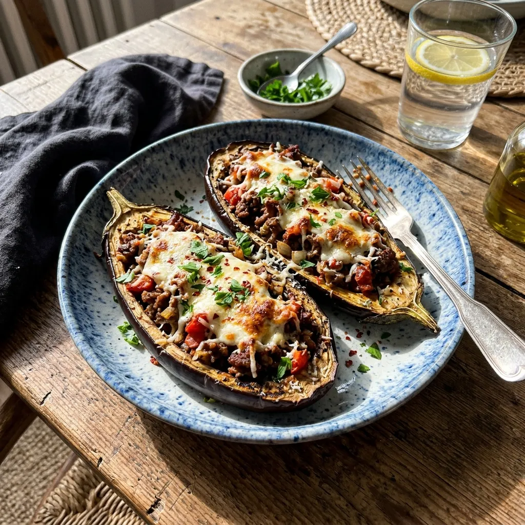 Keto stuffed aubergines with beef mince